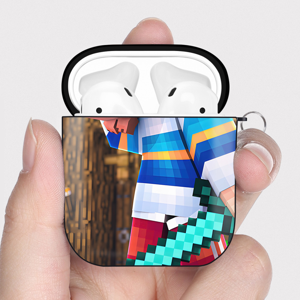 （画像用） マインクラフト ブロックの世界 Minecraft MC Block world AirPods 第2世代保護ケース ハードシェル ブラック 耐衝撃・防指紋・カラビナ付き