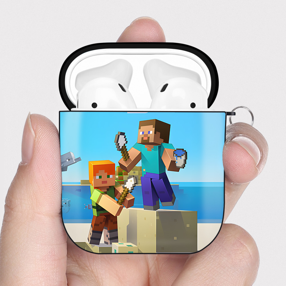 （画像用） マインクラフト ブロックの世界 Minecraft MC Block world AirPods 第2世代保護ケース ハードシェル ブラック 耐衝撃・防指紋・カラビナ付き