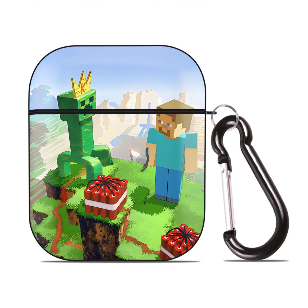 （画像用） マインクラフト ブロックの世界 Minecraft MC Block world AirPods 第2世代保護ケース ハードシェル ブラック 耐衝撃・防指紋・カラビナ付き