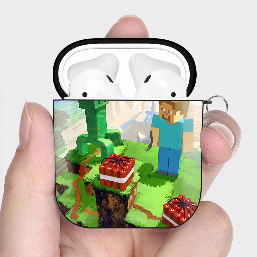 （画像用） マインクラフト ブロックの世界 Minecraft MC Block world AirPods 第2世代保護ケース ハードシェル ブラック 耐衝撃・防指紋・カラビナ付き