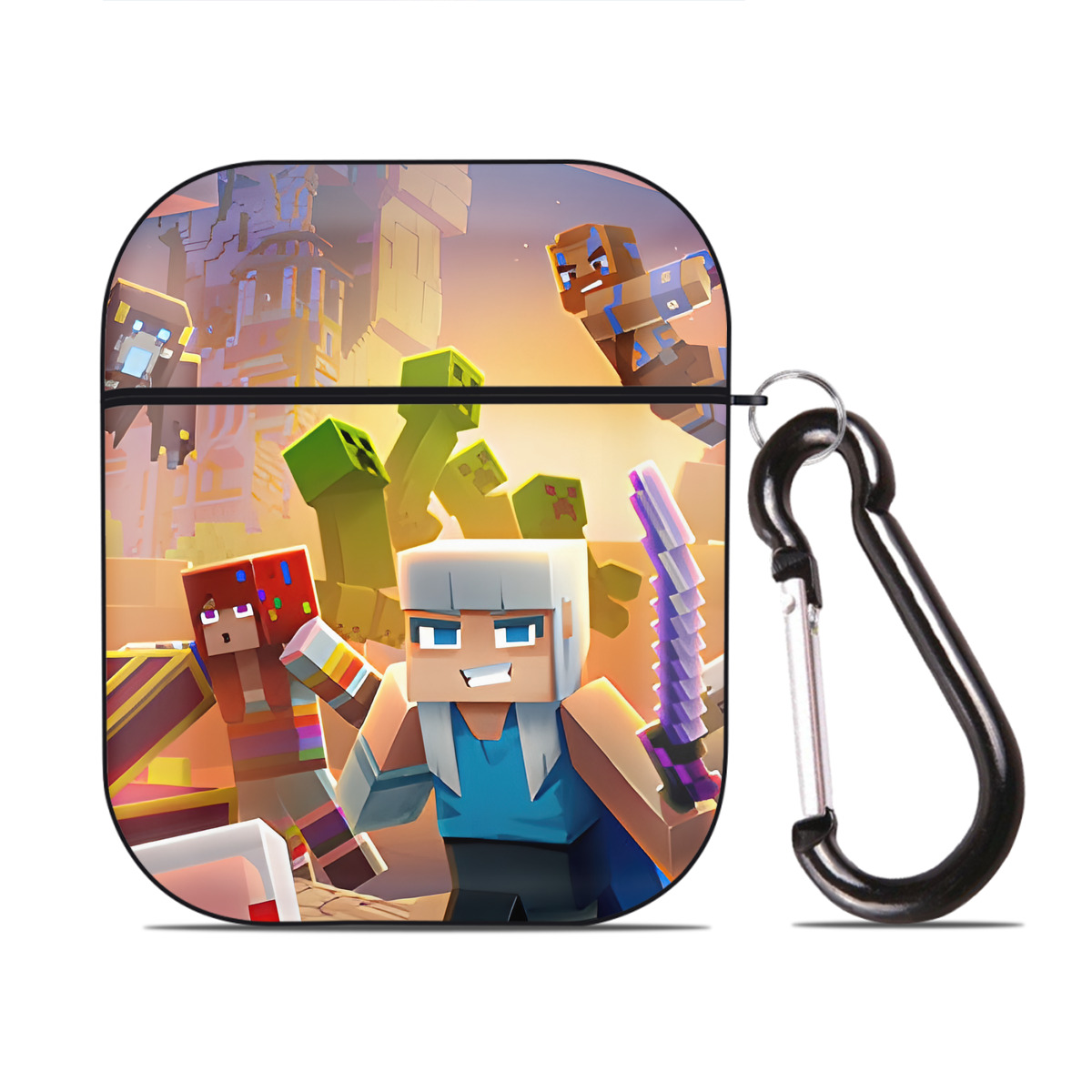 （画像用） マインクラフト ブロックの世界 Minecraft MC Block world AirPods 第2世代保護ケース ハードシェル ブラック 耐衝撃・防指紋・カラビナ付き