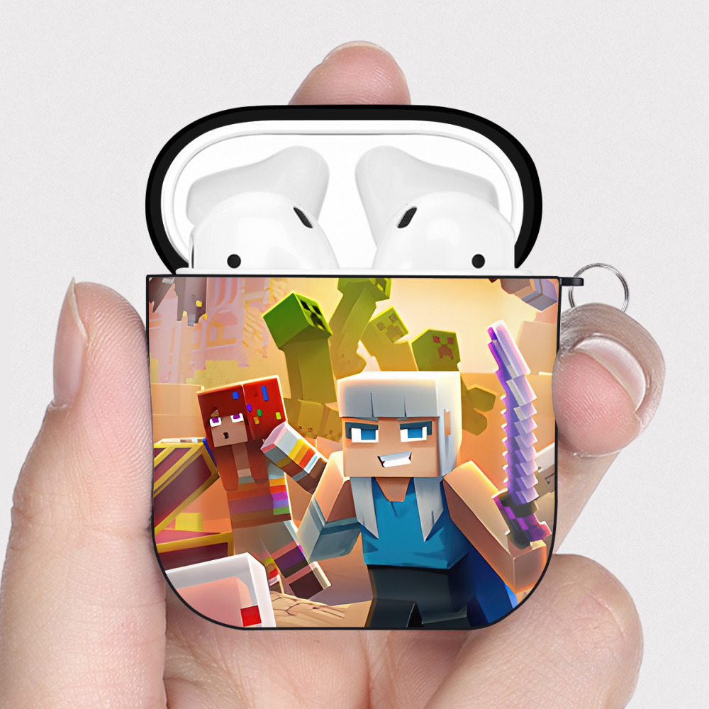 （画像用） マインクラフト ブロックの世界 Minecraft MC Block world AirPods 第2世代保護ケース ハードシェル ブラック 耐衝撃・防指紋・カラビナ付き