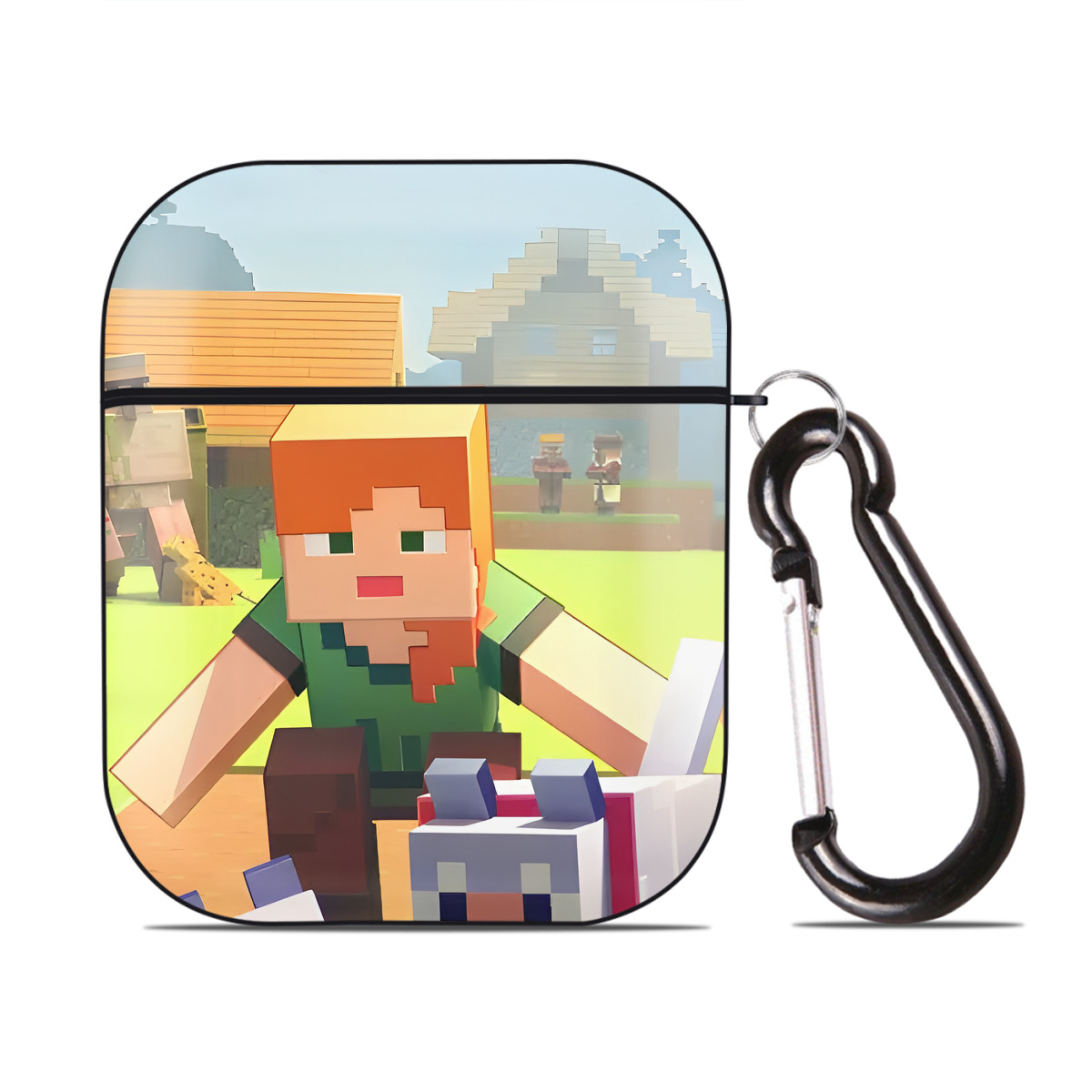 （画像用） マインクラフト ブロックの世界 Minecraft MC Block world AirPods 第2世代保護ケース ハードシェル ブラック 耐衝撃・防指紋・カラビナ付き