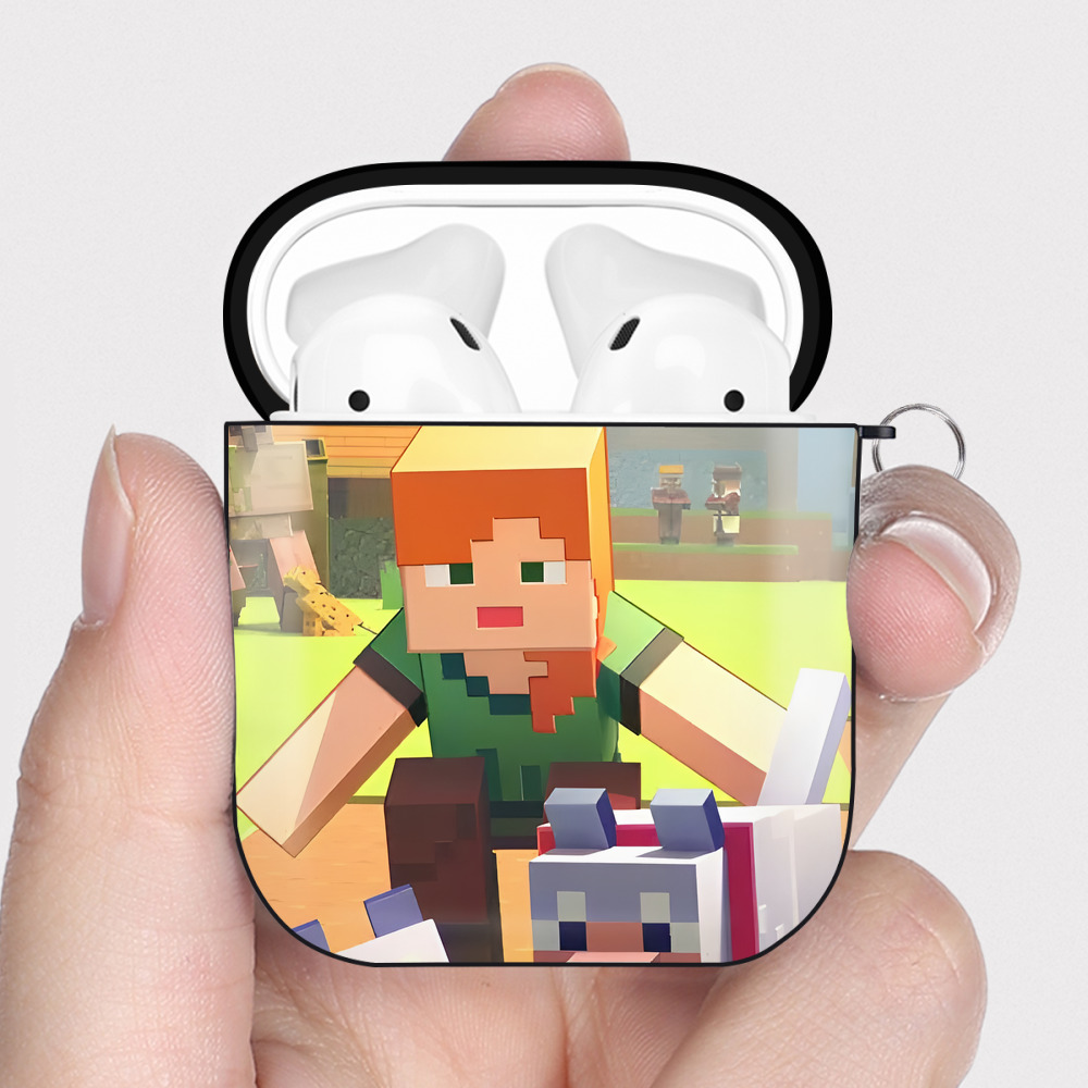 （画像用） マインクラフト ブロックの世界 Minecraft MC Block world AirPods 第2世代保護ケース ハードシェル ブラック 耐衝撃・防指紋・カラビナ付き