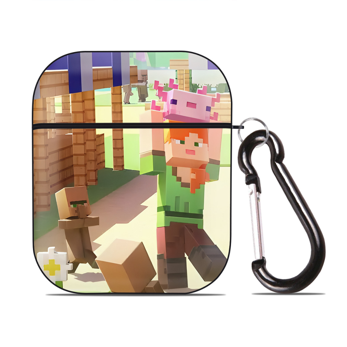 （画像用） マインクラフト ブロックの世界 Minecraft MC Block world AirPods 第2世代保護ケース ハードシェル ブラック 耐衝撃・防指紋・カラビナ付き