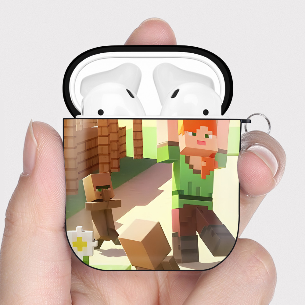 （画像用） マインクラフト ブロックの世界 Minecraft MC Block world AirPods 第2世代保護ケース ハードシェル ブラック 耐衝撃・防指紋・カラビナ付き