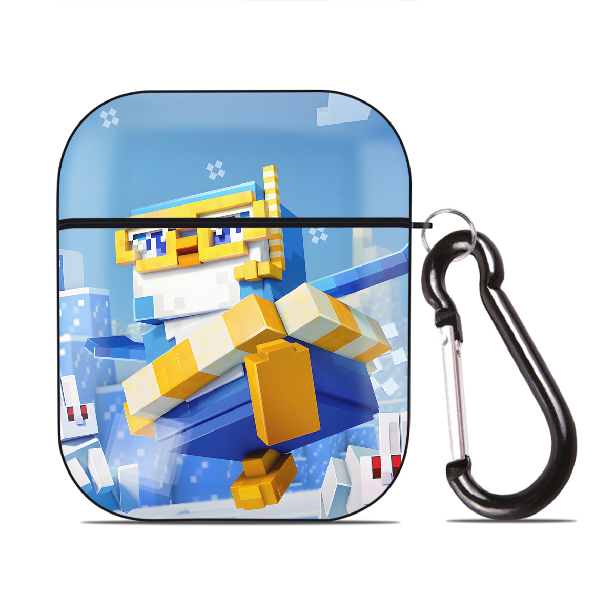 （画像用） マインクラフト ブロックの世界 Minecraft MC Block world AirPods 第2世代保護ケース ハードシェル ブラック 耐衝撃・防指紋・カラビナ付き