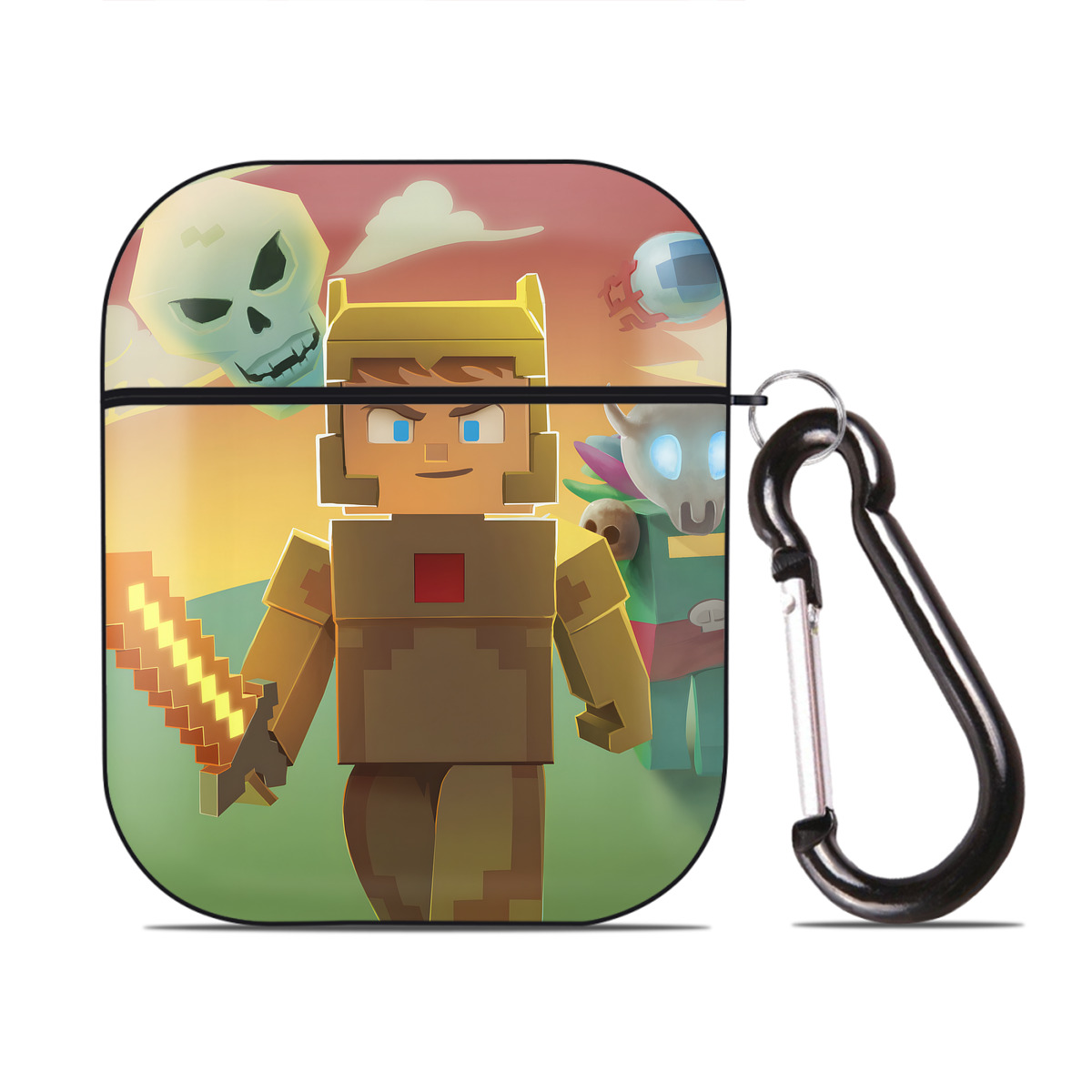 （画像用） マインクラフト ブロックの世界 Minecraft MC Block world AirPods 第2世代保護ケース ハードシェル ブラック 耐衝撃・防指紋・カラビナ付き