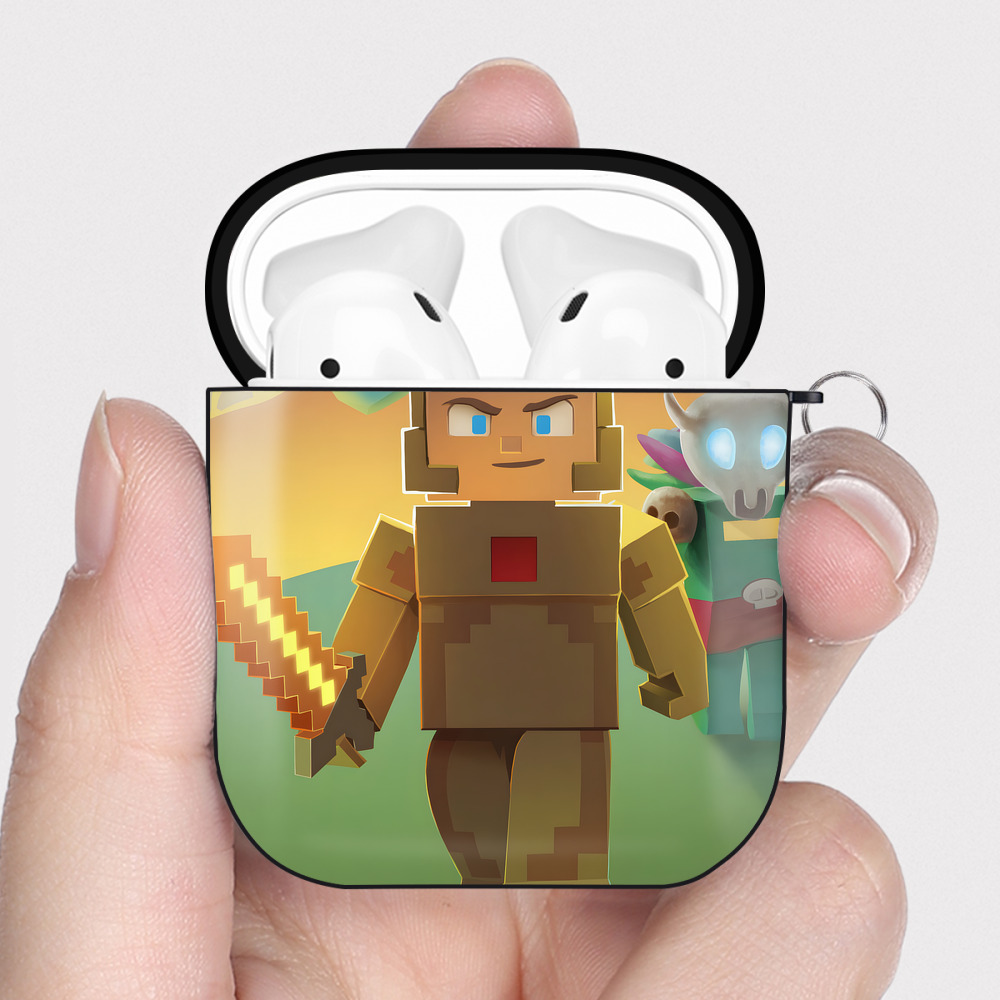 （画像用） マインクラフト ブロックの世界 Minecraft MC Block world AirPods 第2世代保護ケース ハードシェル ブラック 耐衝撃・防指紋・カラビナ付き