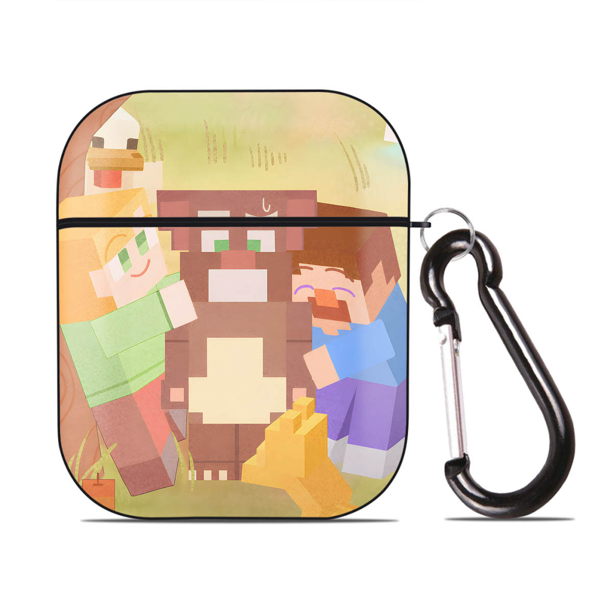 （画像用） マインクラフト ブロックの世界 Minecraft MC Block world AirPods 第2世代保護ケース ハードシェル ブラック 耐衝撃・防指紋・カラビナ付き