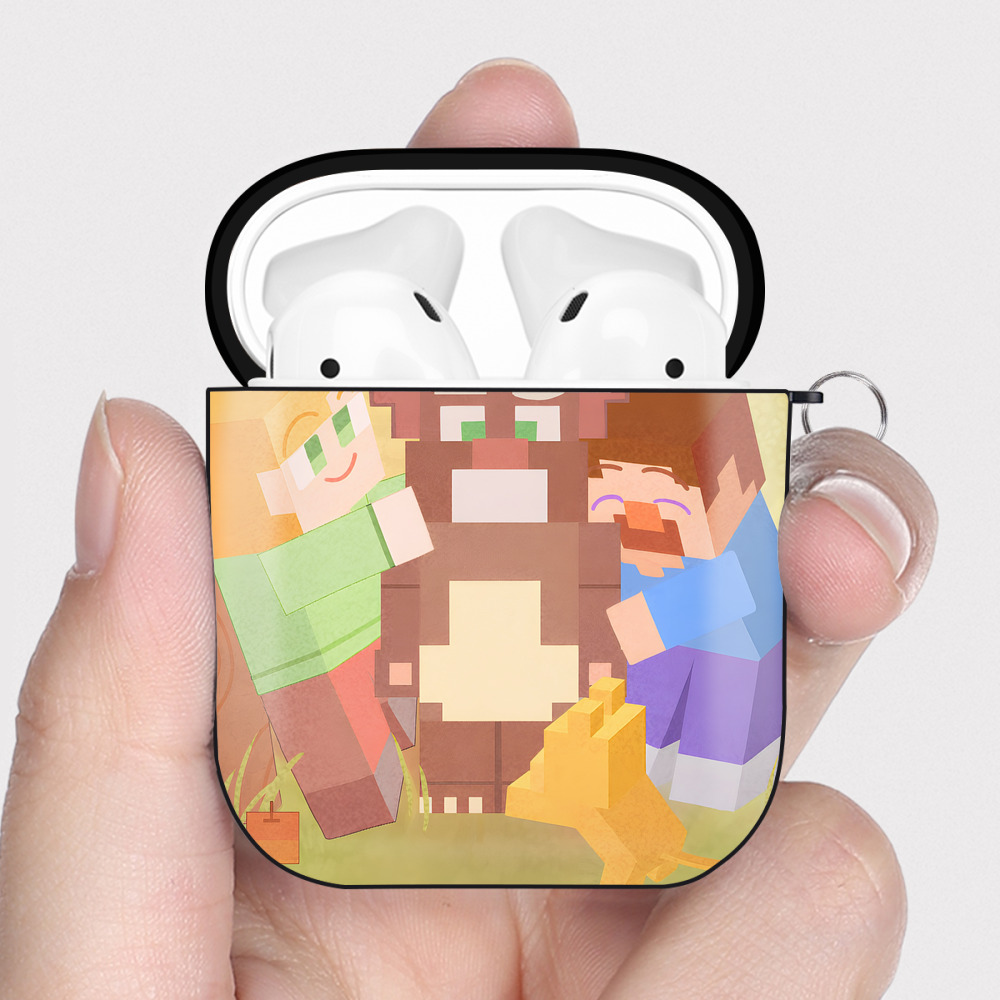 （画像用） マインクラフト ブロックの世界 Minecraft MC Block world AirPods 第2世代保護ケース ハードシェル ブラック 耐衝撃・防指紋・カラビナ付き