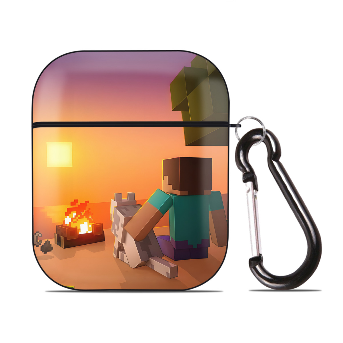 （画像用） マインクラフト ブロックの世界 Minecraft MC Block world AirPods 第2世代保護ケース ハードシェル ブラック 耐衝撃・防指紋・カラビナ付き