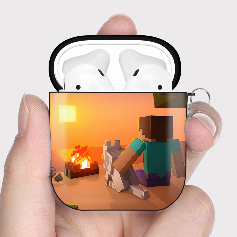 （画像用） マインクラフト ブロックの世界 Minecraft MC Block world AirPods 第2世代保護ケース ハードシェル ブラック 耐衝撃・防指紋・カラビナ付き