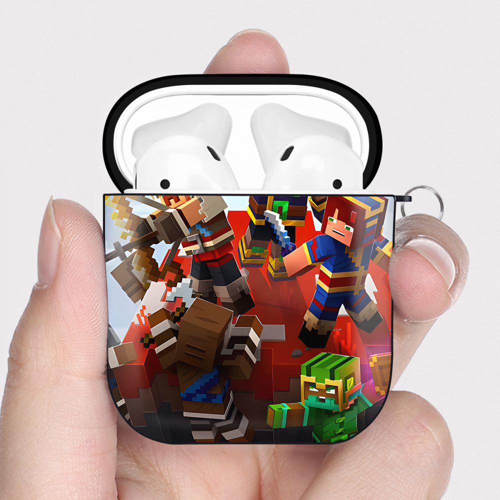 （画像用） マインクラフト ブロックの世界 Minecraft MC Block world AirPods 第2世代保護ケース ハードシェル ブラック 耐衝撃・防指紋・カラビナ付き