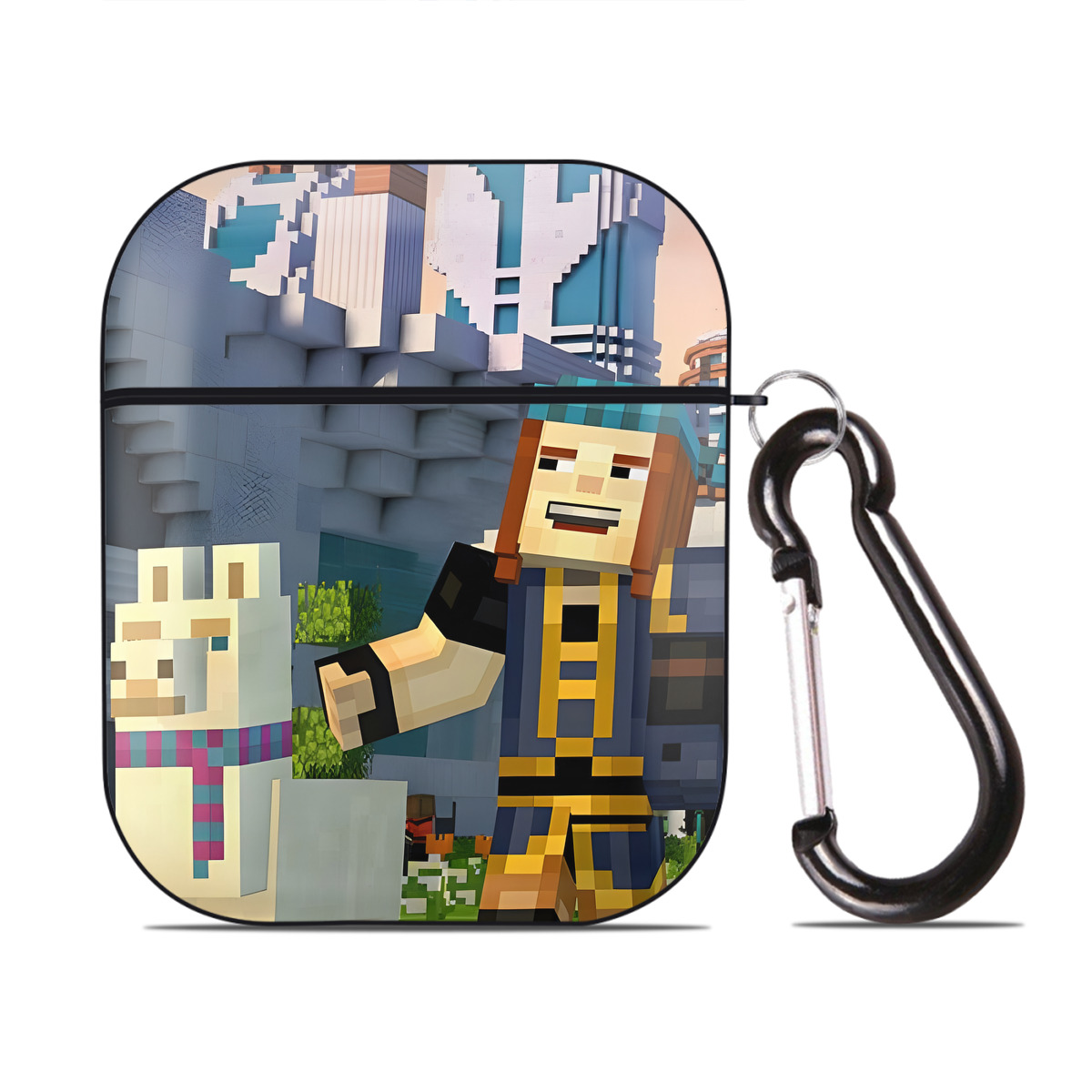 （画像用） マインクラフト ブロックの世界 Minecraft MC Block world AirPods 第2世代保護ケース ハードシェル ブラック 耐衝撃・防指紋・カラビナ付き