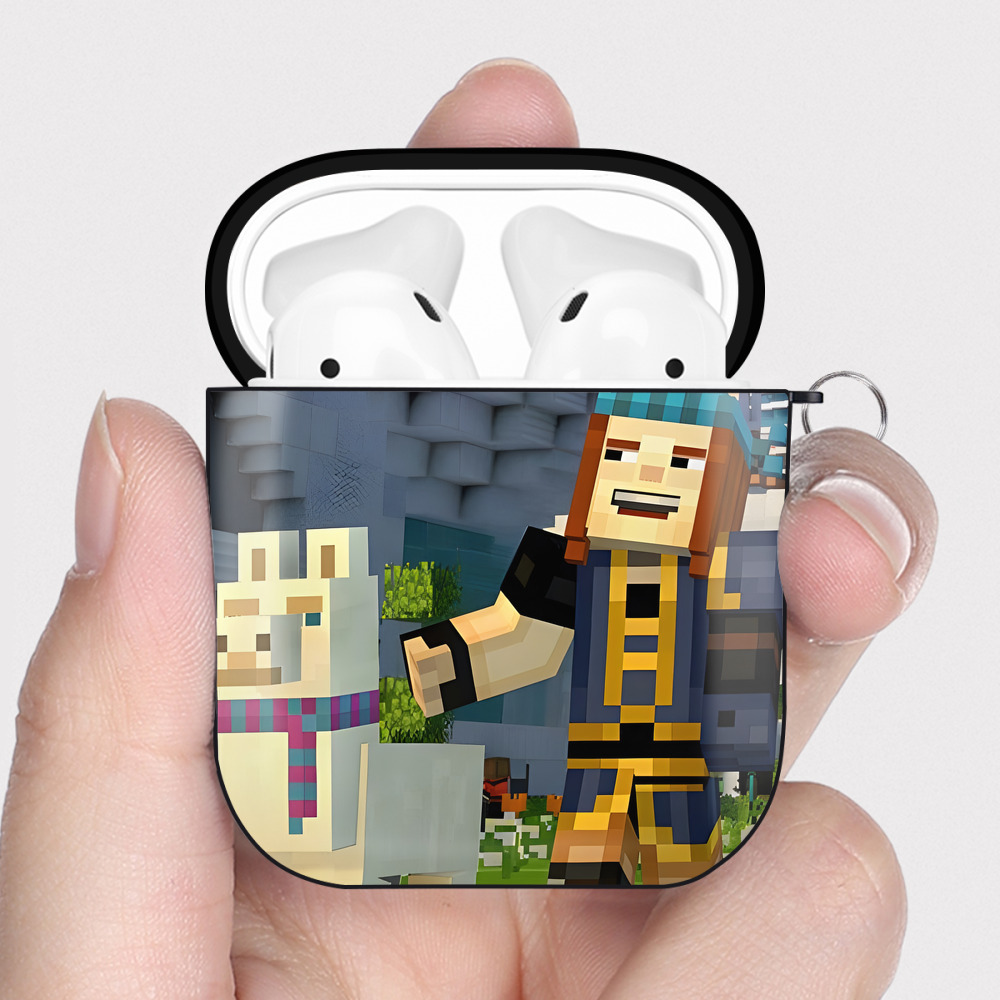 （画像用） マインクラフト ブロックの世界 Minecraft MC Block world AirPods 第2世代保護ケース ハードシェル ブラック 耐衝撃・防指紋・カラビナ付き