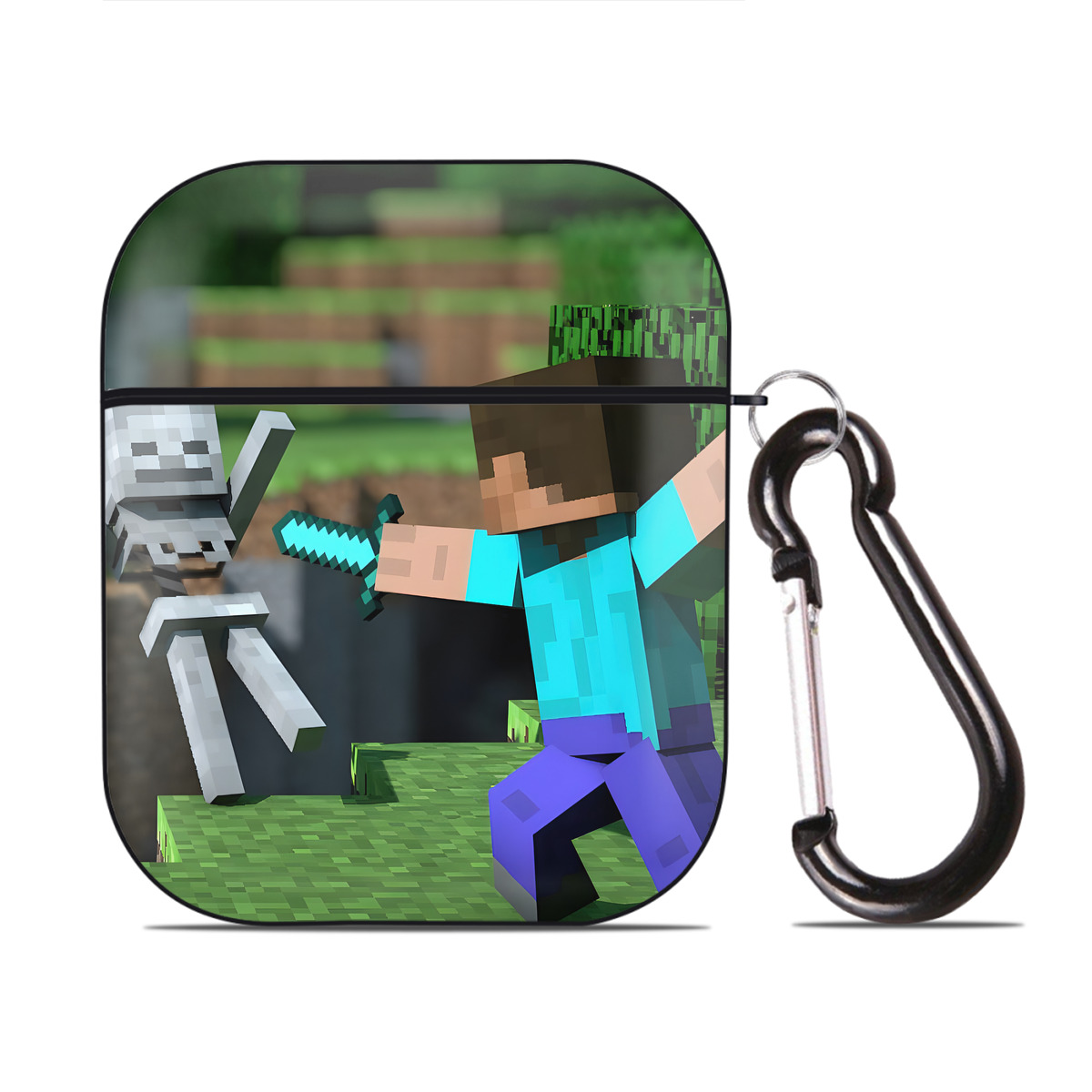 （画像用） マインクラフト ブロックの世界 Minecraft MC Block world AirPods 第2世代保護ケース ハードシェル ブラック 耐衝撃・防指紋・カラビナ付き