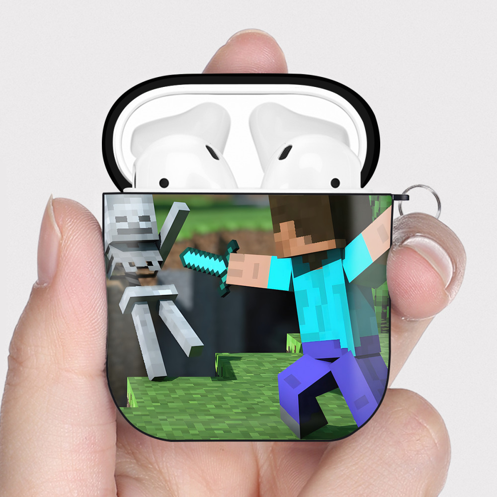 （画像用） マインクラフト ブロックの世界 Minecraft MC Block world AirPods 第2世代保護ケース ハードシェル ブラック 耐衝撃・防指紋・カラビナ付き