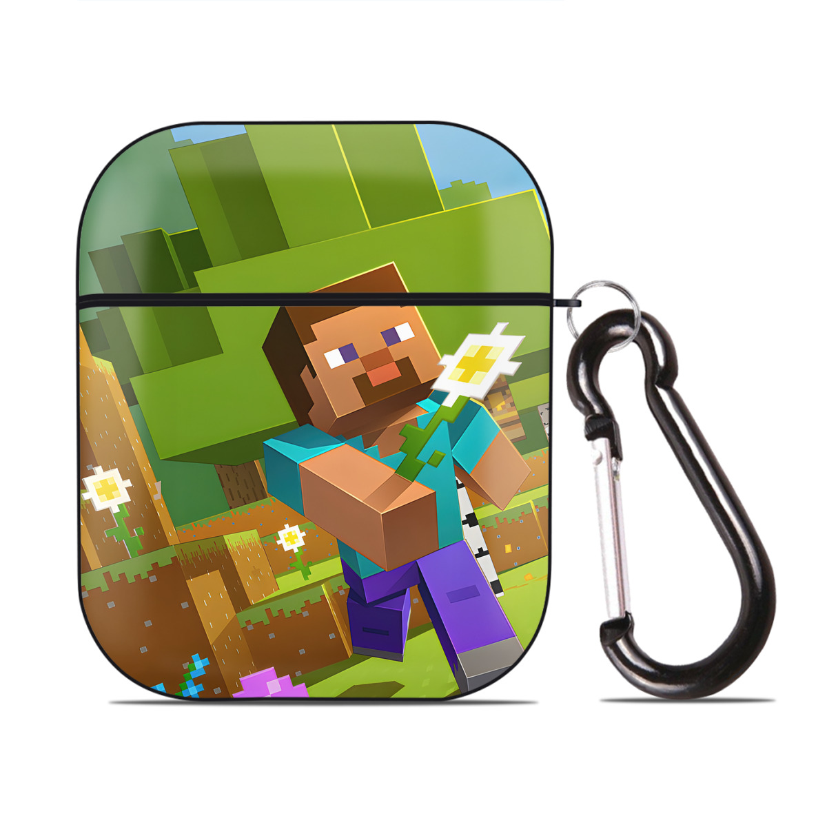 （画像用） マインクラフト ブロックの世界 Minecraft MC Block world AirPods 第2世代保護ケース ハードシェル ブラック 耐衝撃・防指紋・カラビナ付き