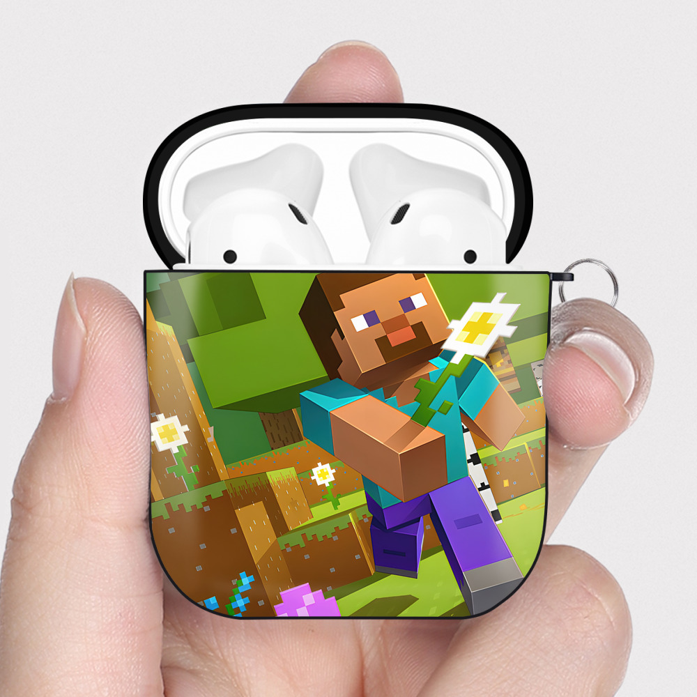 （画像用） マインクラフト ブロックの世界 Minecraft MC Block world AirPods 第2世代保護ケース ハードシェル ブラック 耐衝撃・防指紋・カラビナ付き