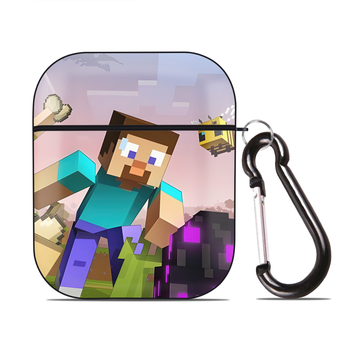 （画像用） マインクラフト ブロックの世界 Minecraft MC Block world AirPods 第2世代保護ケース ハードシェル ブラック 耐衝撃・防指紋・カラビナ付き