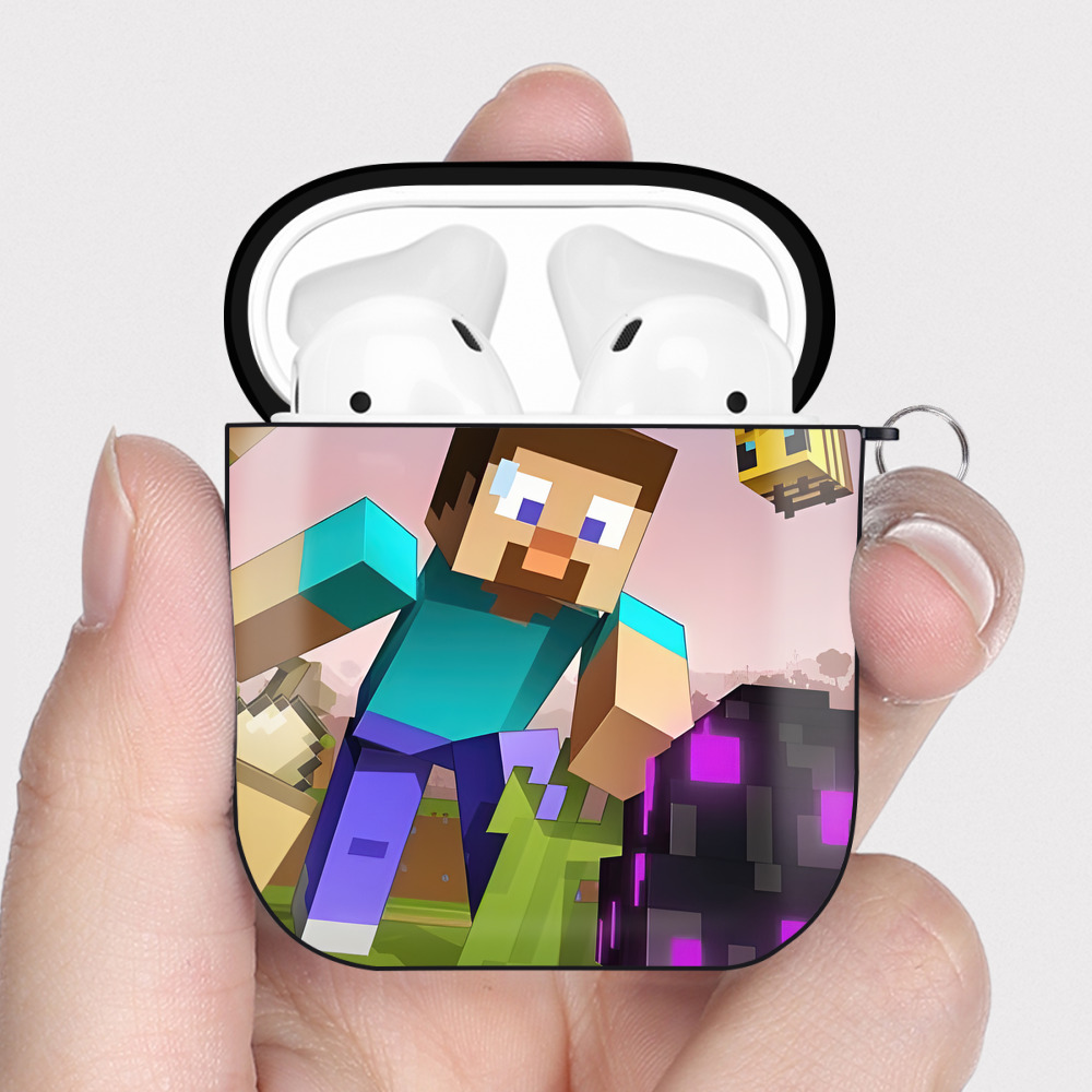 （画像用） マインクラフト ブロックの世界 Minecraft MC Block world AirPods 第2世代保護ケース ハードシェル ブラック 耐衝撃・防指紋・カラビナ付き
