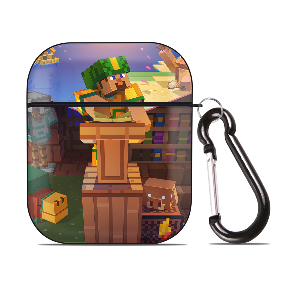 （画像用） マインクラフト ブロックの世界 Minecraft MC Block world AirPods 第2世代保護ケース ハードシェル ブラック 耐衝撃・防指紋・カラビナ付き