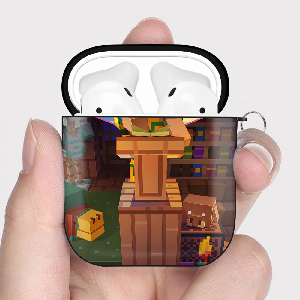 （画像用） マインクラフト ブロックの世界 Minecraft MC Block world AirPods 第2世代保護ケース ハードシェル ブラック 耐衝撃・防指紋・カラビナ付き