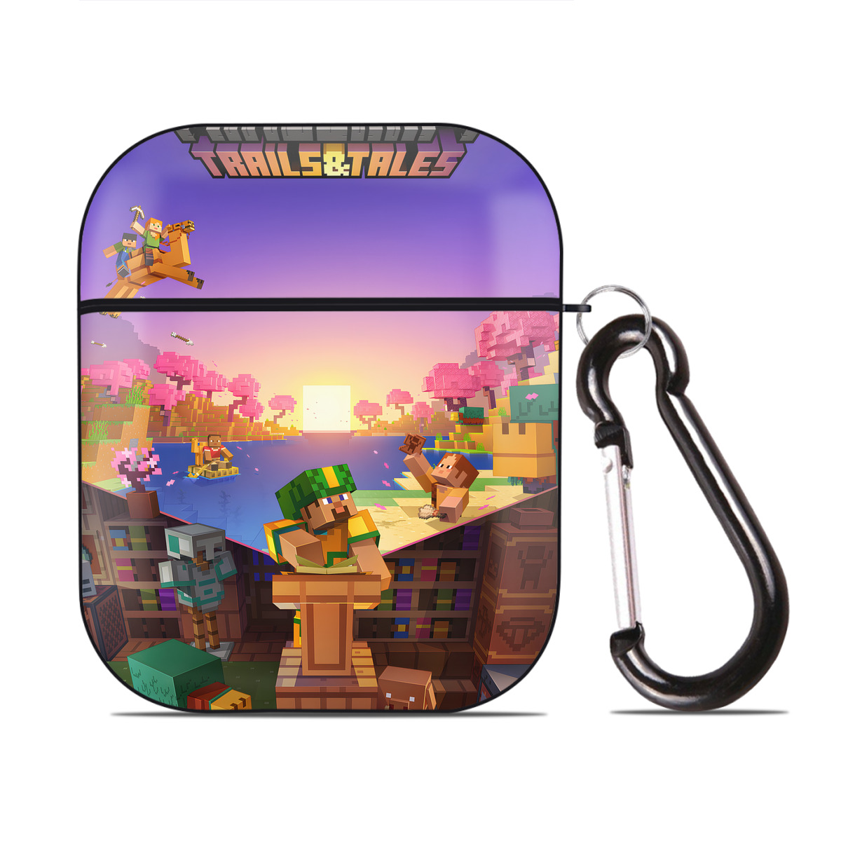 （画像用） マインクラフト ブロックの世界 Minecraft MC Block world AirPods 第2世代保護ケース ハードシェル ブラック 耐衝撃・防指紋・カラビナ付き