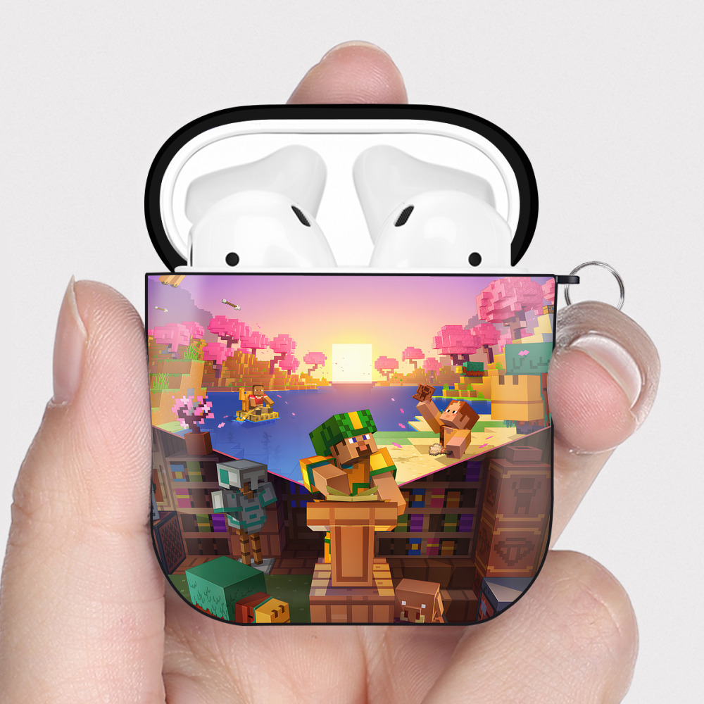 （画像用） マインクラフト ブロックの世界 Minecraft MC Block world AirPods 第2世代保護ケース ハードシェル ブラック 耐衝撃・防指紋・カラビナ付き