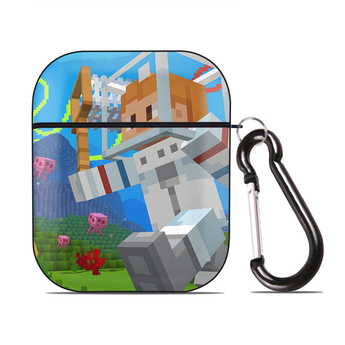 （画像用） マインクラフト ブロックの世界 Minecraft MC Block world AirPods 第2世代保護ケース ハードシェル ブラック 耐衝撃・防指紋・カラビナ付き