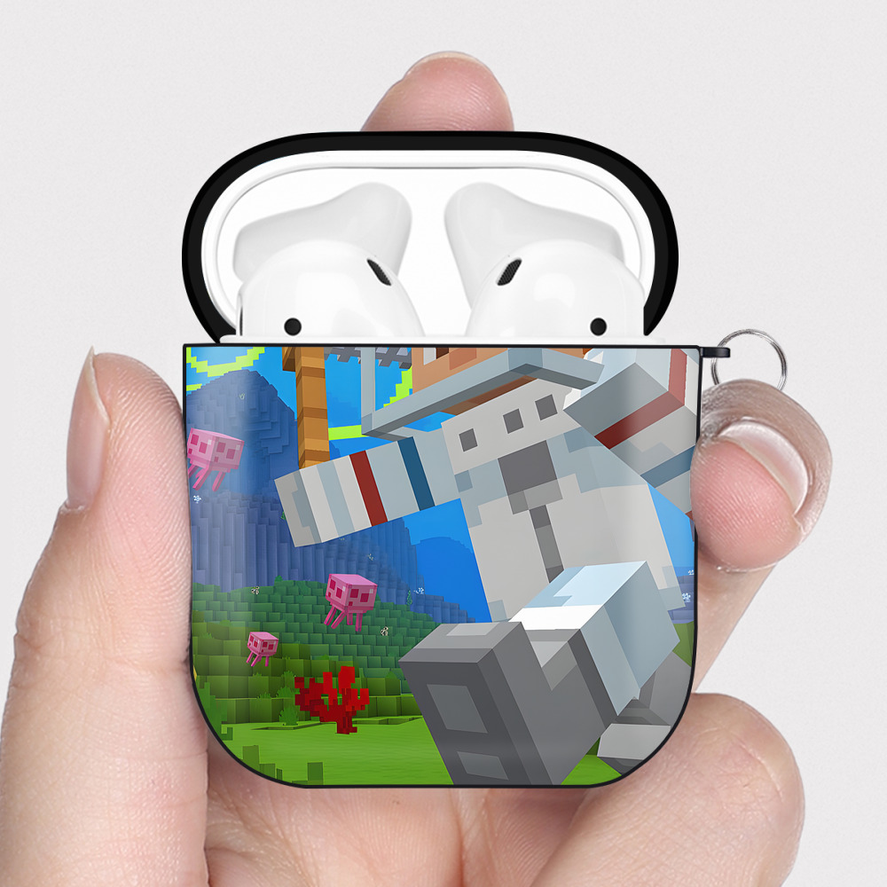（画像用） マインクラフト ブロックの世界 Minecraft MC Block world AirPods 第2世代保護ケース ハードシェル ブラック 耐衝撃・防指紋・カラビナ付き