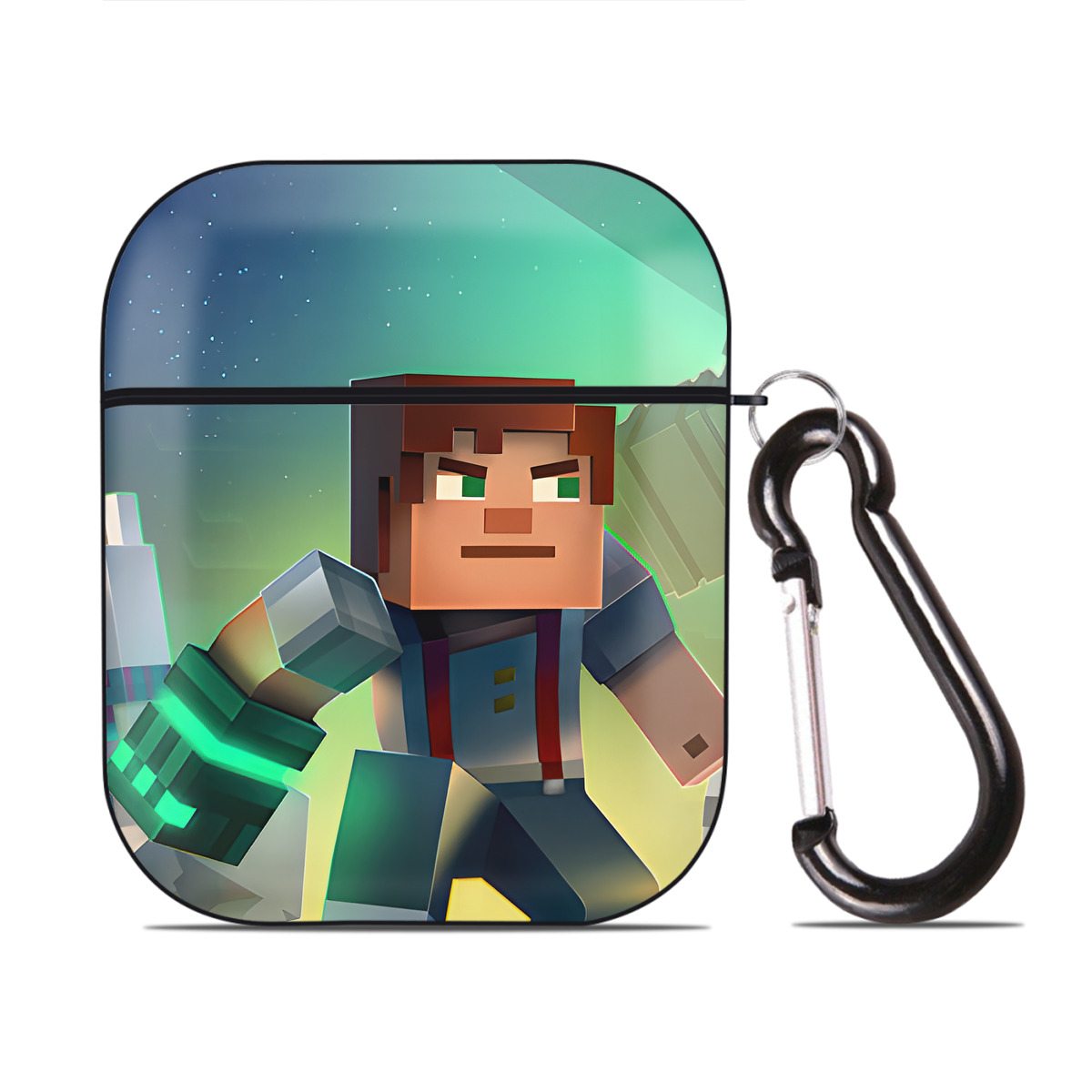 （画像用） マインクラフト ブロックの世界 Minecraft MC Block world AirPods 第2世代保護ケース ハードシェル ブラック 耐衝撃・防指紋・カラビナ付き