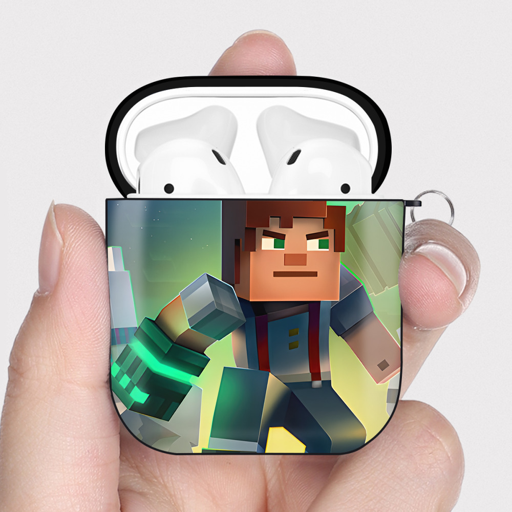 （画像用） マインクラフト ブロックの世界 Minecraft MC Block world AirPods 第2世代保護ケース ハードシェル ブラック 耐衝撃・防指紋・カラビナ付き