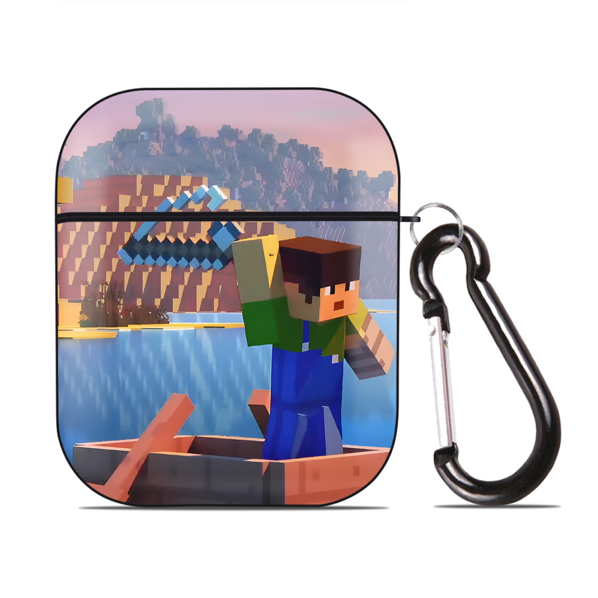 （画像用） マインクラフト ブロックの世界 Minecraft MC Block world AirPods 第2世代保護ケース ハードシェル ブラック 耐衝撃・防指紋・カラビナ付き