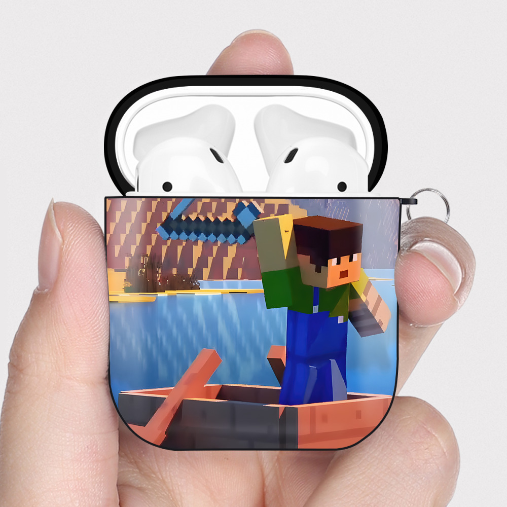 （画像用） マインクラフト ブロックの世界 Minecraft MC Block world AirPods 第2世代保護ケース ハードシェル ブラック 耐衝撃・防指紋・カラビナ付き