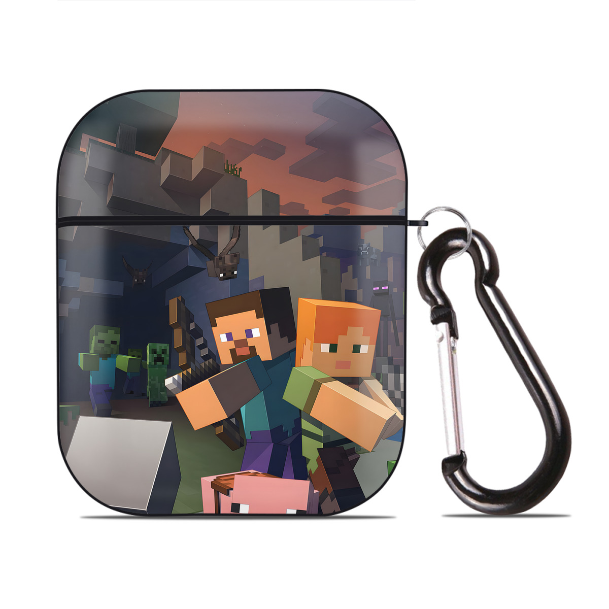 （画像用） マインクラフト ブロックの世界 Minecraft MC Block world AirPods 第2世代保護ケース ハードシェル ブラック 耐衝撃・防指紋・カラビナ付き