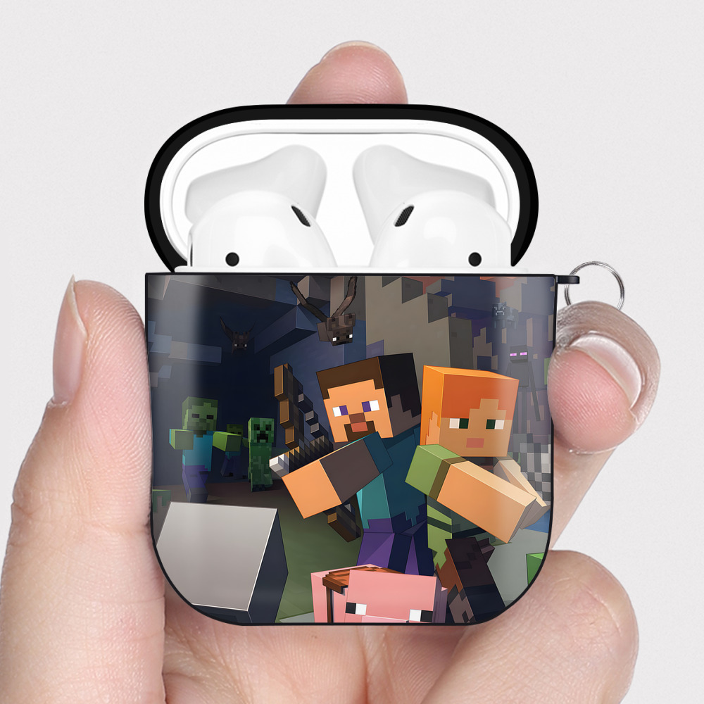 （画像用） マインクラフト ブロックの世界 Minecraft MC Block world AirPods 第2世代保護ケース ハードシェル ブラック 耐衝撃・防指紋・カラビナ付き