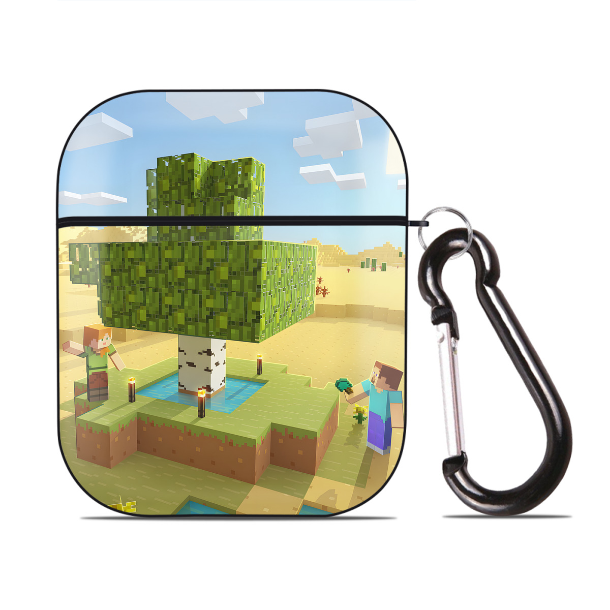 （画像用） マインクラフト ブロックの世界 Minecraft MC Block world AirPods 第2世代保護ケース ハードシェル ブラック 耐衝撃・防指紋・カラビナ付き