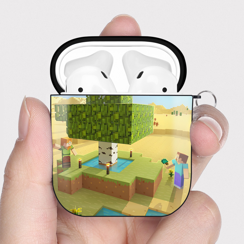 （画像用） マインクラフト ブロックの世界 Minecraft MC Block world AirPods 第2世代保護ケース ハードシェル ブラック 耐衝撃・防指紋・カラビナ付き