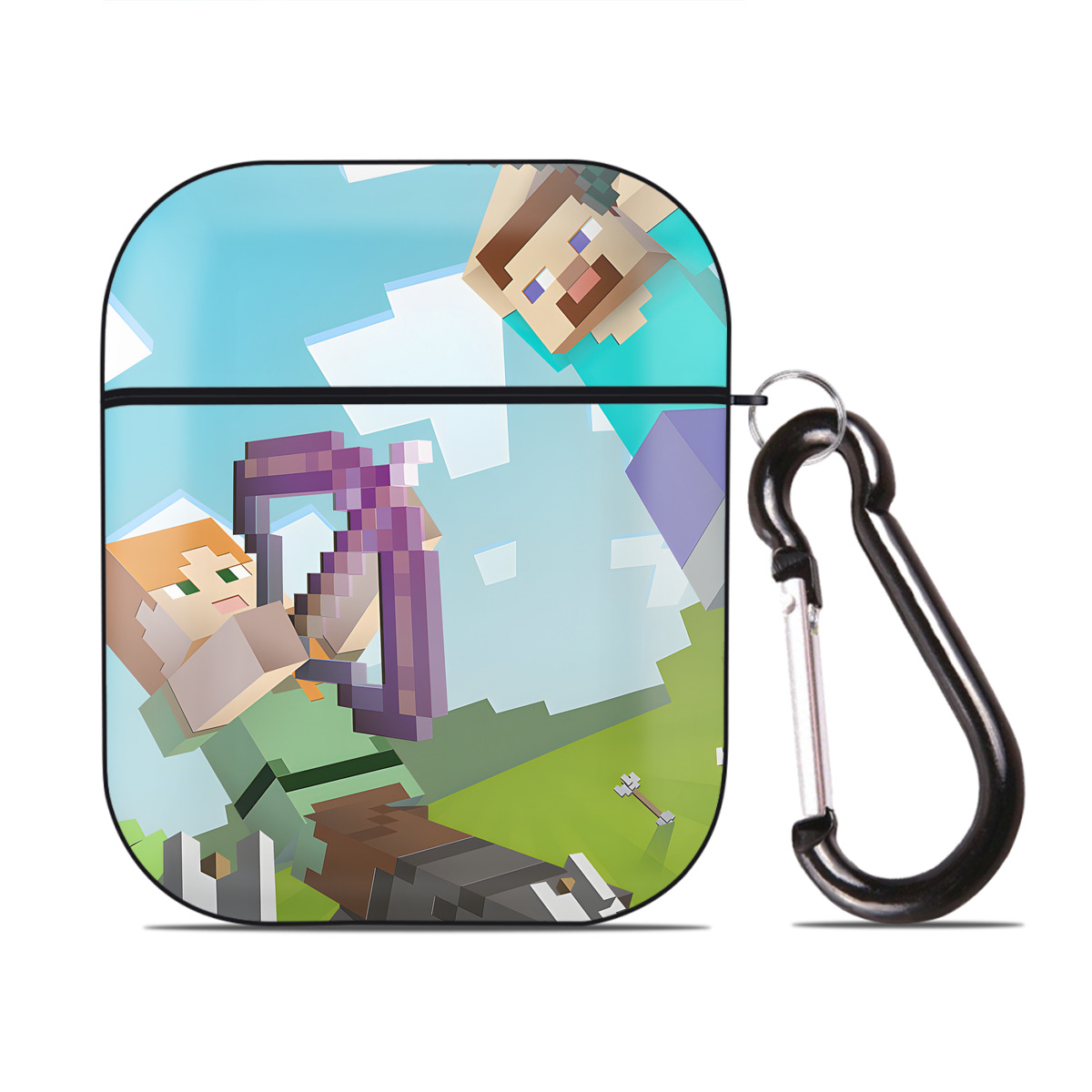 （画像用） マインクラフト ブロックの世界 Minecraft MC Block world AirPods 第2世代保護ケース ハードシェル ブラック 耐衝撃・防指紋・カラビナ付き