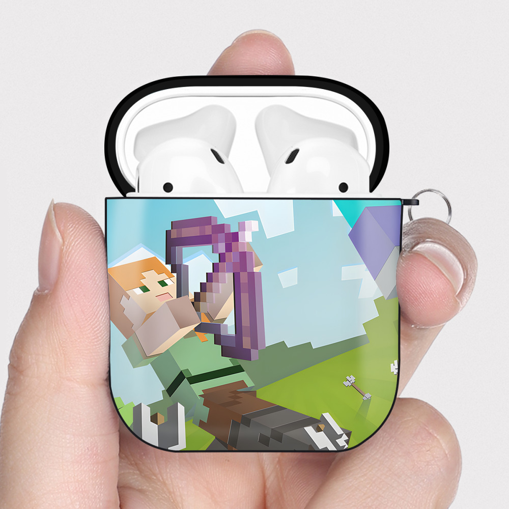 （画像用） マインクラフト ブロックの世界 Minecraft MC Block world AirPods 第2世代保護ケース ハードシェル ブラック 耐衝撃・防指紋・カラビナ付き
