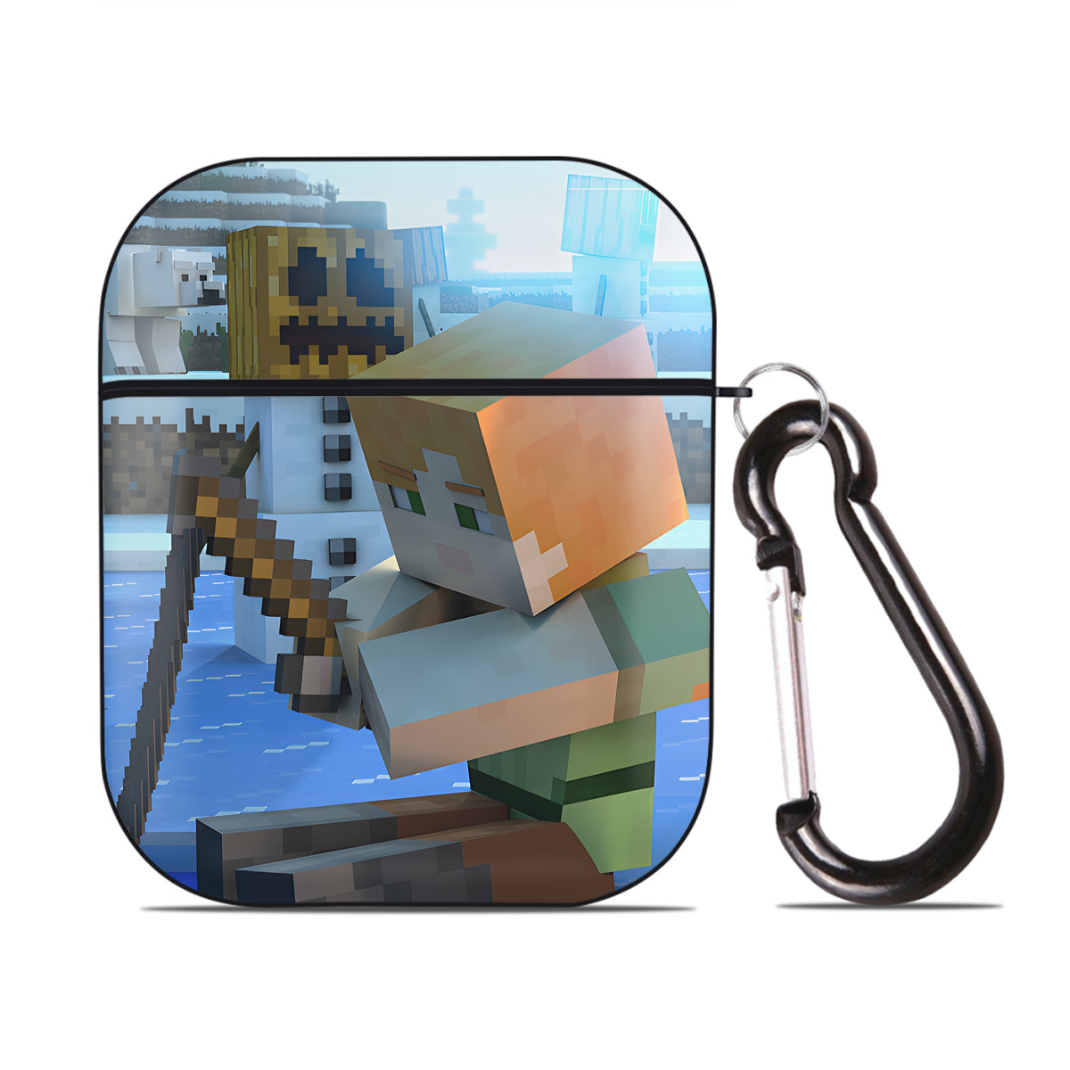 （画像用） マインクラフト ブロックの世界 Minecraft MC Block world AirPods 第2世代保護ケース ハードシェル ブラック 耐衝撃・防指紋・カラビナ付き