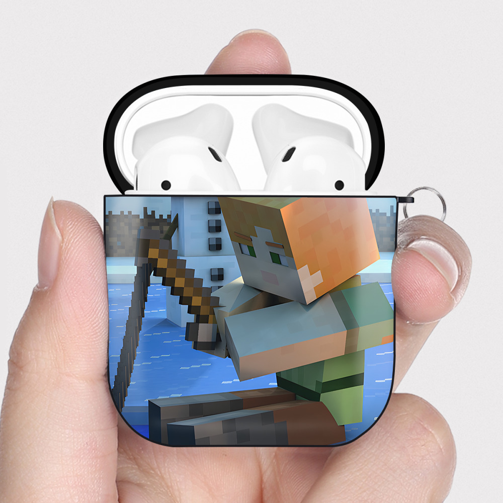 （画像用） マインクラフト ブロックの世界 Minecraft MC Block world AirPods 第2世代保護ケース ハードシェル ブラック 耐衝撃・防指紋・カラビナ付き