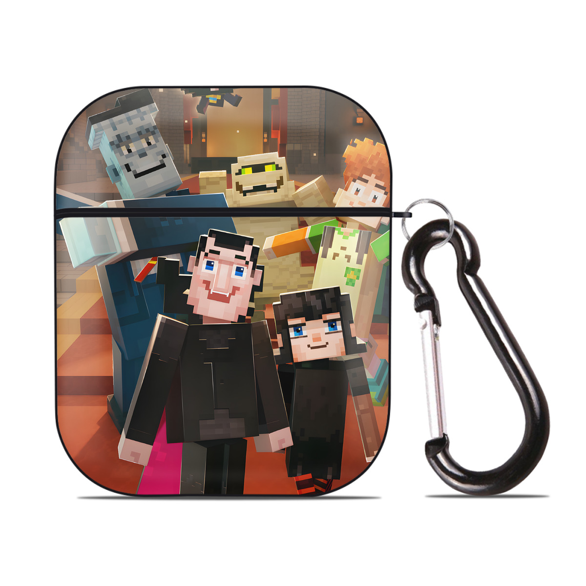 （画像用） マインクラフト ブロックの世界 Minecraft MC Block world AirPods 第2世代保護ケース ハードシェル ブラック 耐衝撃・防指紋・カラビナ付き