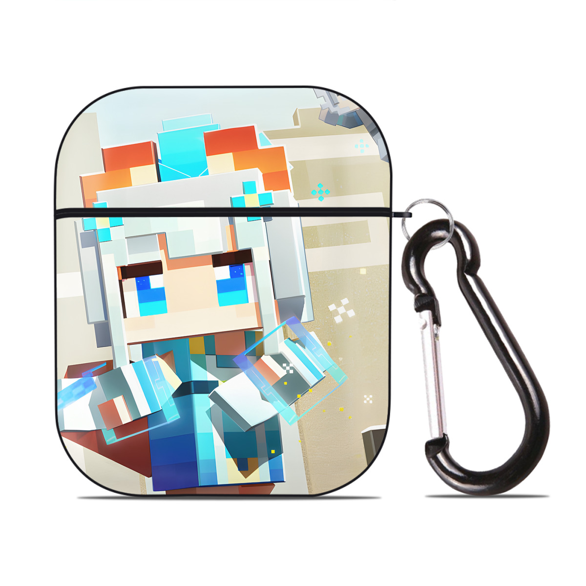 （画像用） マインクラフト ブロックの世界 Minecraft MC Block world AirPods 第2世代保護ケース ハードシェル ブラック 耐衝撃・防指紋・カラビナ付き