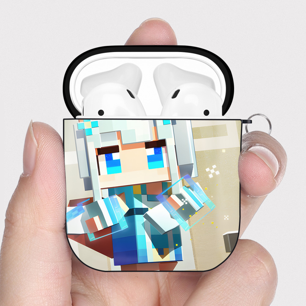 （画像用） マインクラフト ブロックの世界 Minecraft MC Block world AirPods 第2世代保護ケース ハードシェル ブラック 耐衝撃・防指紋・カラビナ付き