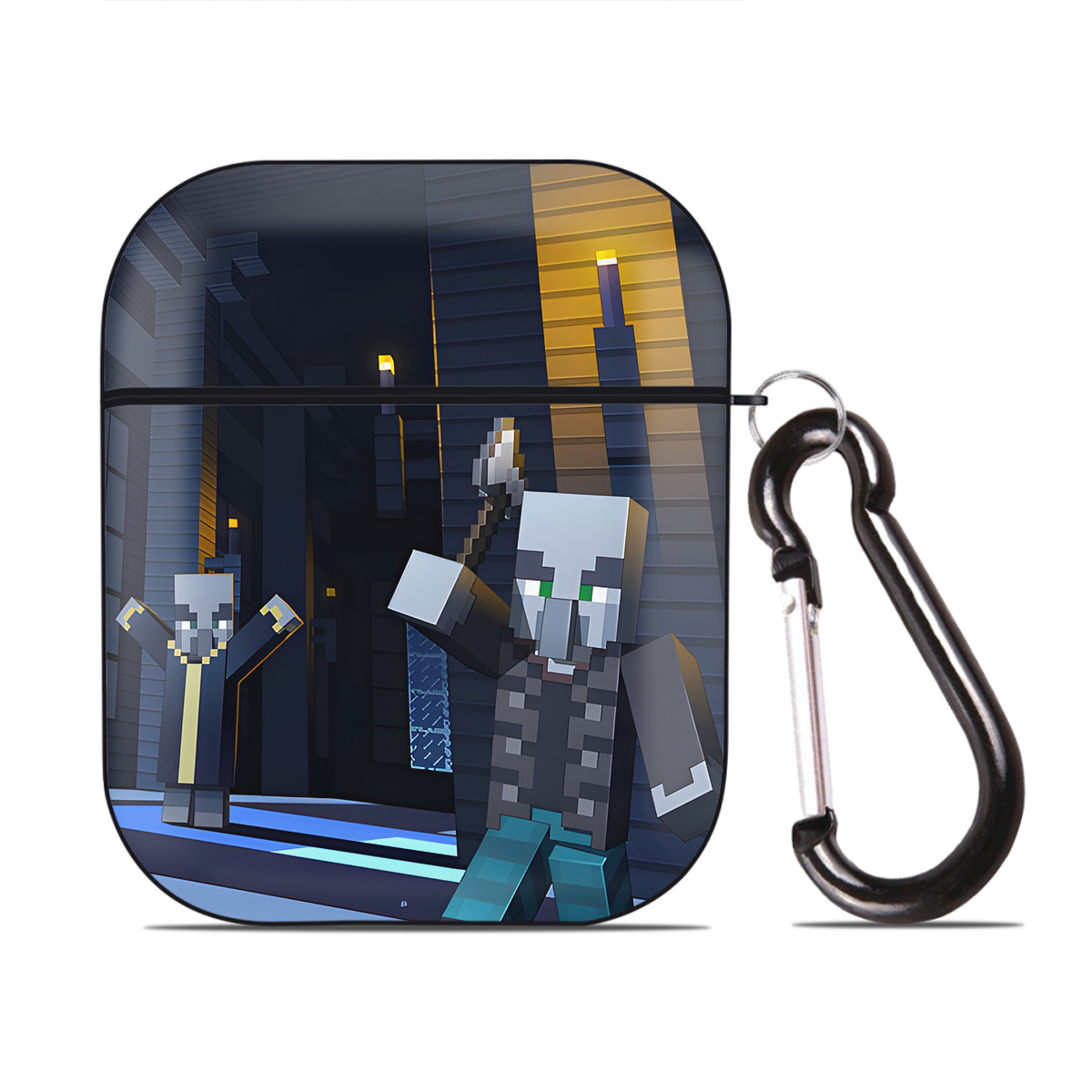 （画像用） マインクラフト ブロックの世界 Minecraft MC Block world AirPods 第2世代保護ケース ハードシェル ブラック 耐衝撃・防指紋・カラビナ付き