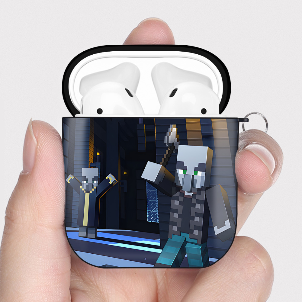 （画像用） マインクラフト ブロックの世界 Minecraft MC Block world AirPods 第2世代保護ケース ハードシェル ブラック 耐衝撃・防指紋・カラビナ付き
