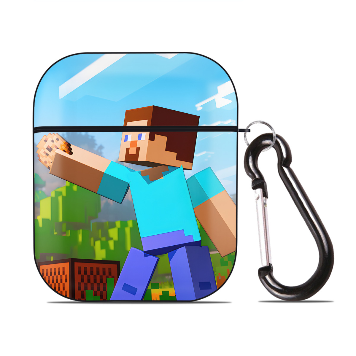 （画像用） マインクラフト ブロックの世界 Minecraft MC Block world AirPods 第2世代保護ケース ハードシェル ブラック 耐衝撃・防指紋・カラビナ付き